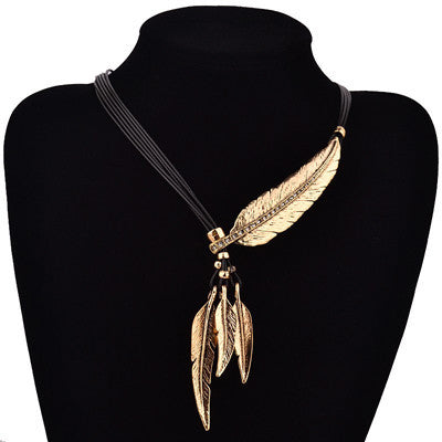 Bohemian Style Black Rope Chain Leaf Feather Pattern Pendant Necklace For Women Fine Jewelry Collares Statement Necklace-Dollar Bargains Online Shopping Australia
