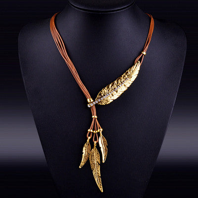 Bohemian Style Black Rope Chain Leaf Feather Pattern Pendant Necklace For Women Fine Jewelry Collares Statement Necklace-Dollar Bargains Online Shopping Australia