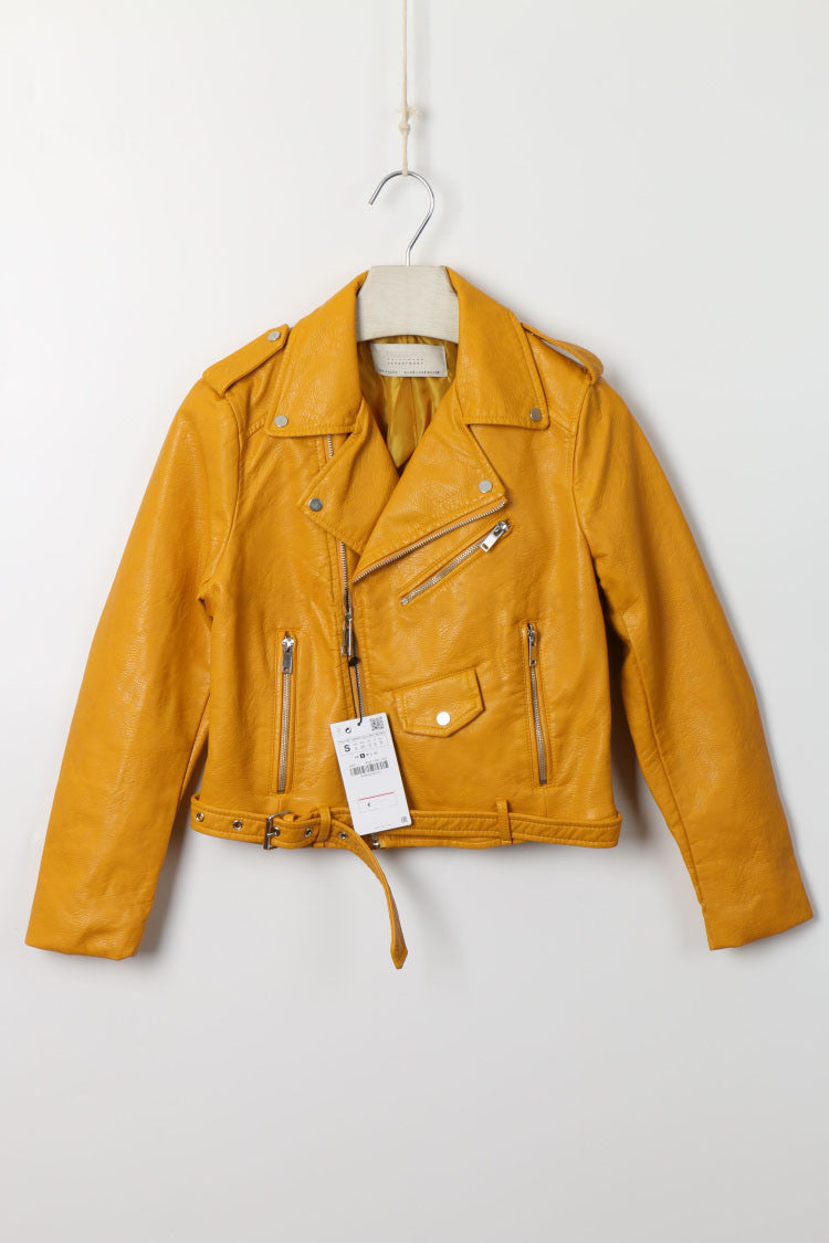 Spring Brand Women Mustard Short Faux Leather Motorcycle Cropped Biker jackets Hem belted Zips details-Dollar Bargains Online Shopping Australia