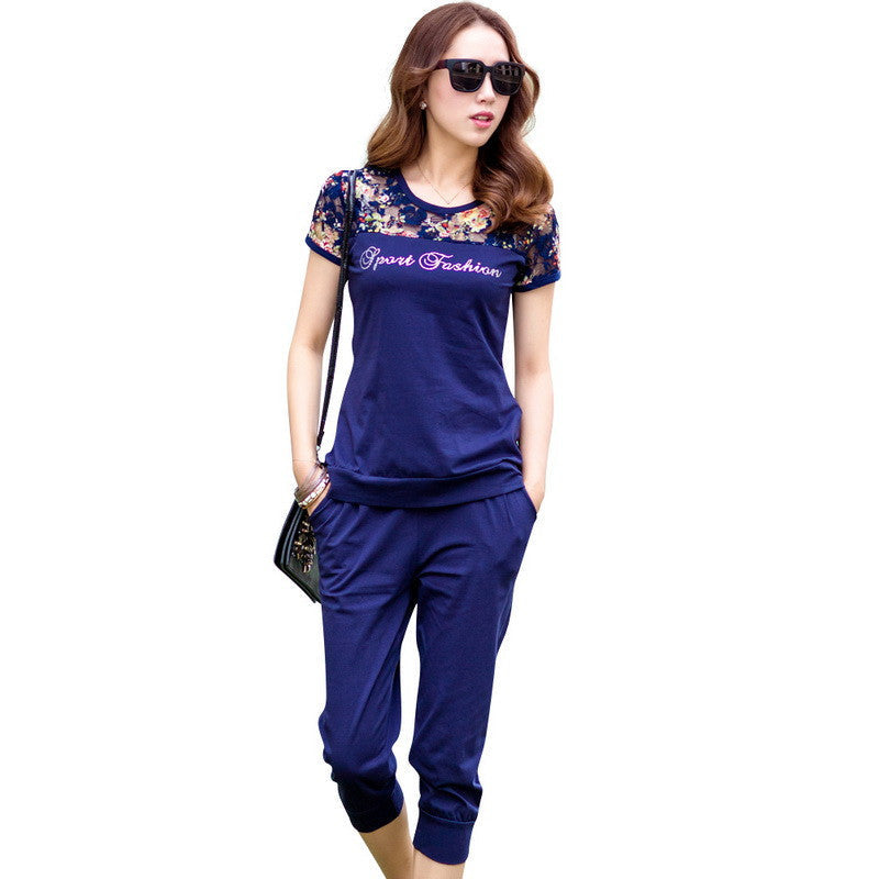 Lace Patchwork Women Fashion Sets 2 Pieces Lady Clothing Set Large Size M-4XL Summer Women Casual Suits Tops + Pants-Dollar Bargains Online Shopping Australia