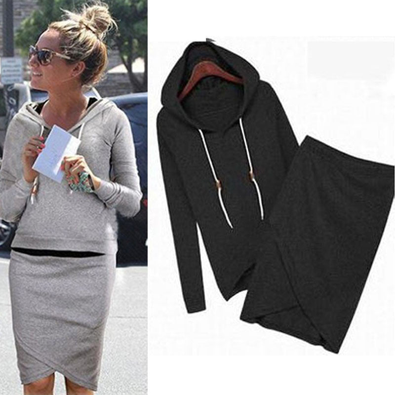 Irregular Lep Full Sleeve Woman Two-Piece Set Hooded Front Black Gray Color Elastic Waist Ropa Mujer Sexy Woman two-set clothes-Dollar Bargains Online Shopping Australia