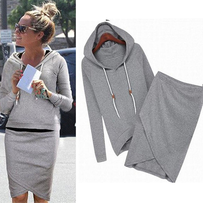 Irregular Lep Full Sleeve Woman Two-Piece Set Hooded Front Black Gray Color Elastic Waist Ropa Mujer Sexy Woman two-set clothes-Dollar Bargains Online Shopping Australia