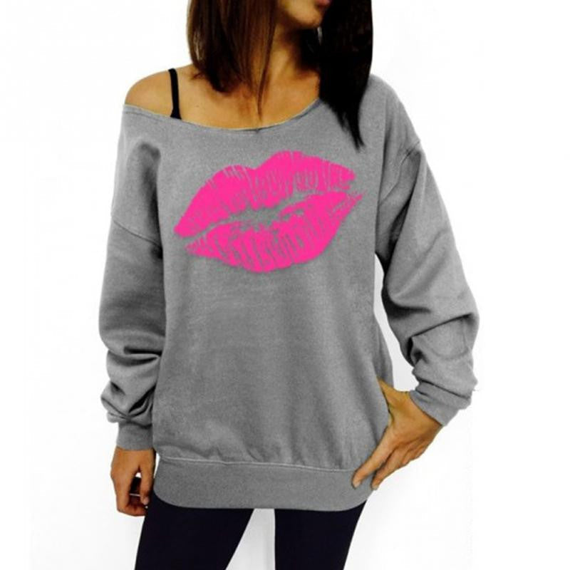 ly Design Girls Cute Sweet Style Red Lips Big Mouth Sexy Oblique Shoulder Tops Women Long Sleeve Pullover Polo Shirts-Dollar Bargains Online Shopping Australia