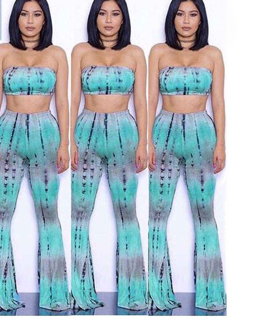 Tie Dye 2 Piece Set Women Jumpsuit Long Romper Strapless Crop Top And Flare Pants Casual Bodysuit Fashion Playsuit Overalls-Dollar Bargains Online Shopping Australia