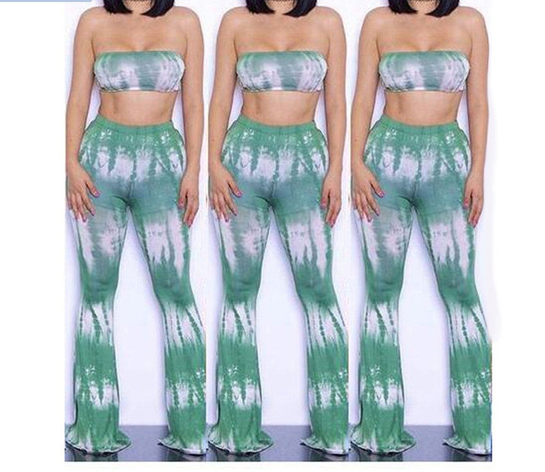 Tie Dye 2 Piece Set Women Jumpsuit Long Romper Strapless Crop Top And Flare Pants Casual Bodysuit Fashion Playsuit Overalls-Dollar Bargains Online Shopping Australia