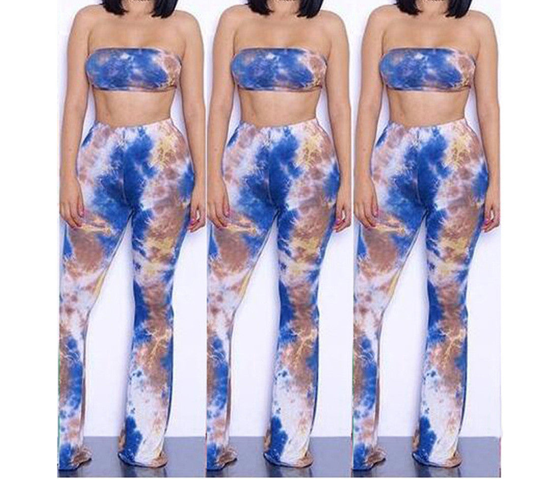 Tie Dye 2 Piece Set Women Jumpsuit Long Romper Strapless Crop Top And Flare Pants Casual Bodysuit Fashion Playsuit Overalls-Dollar Bargains Online Shopping Australia