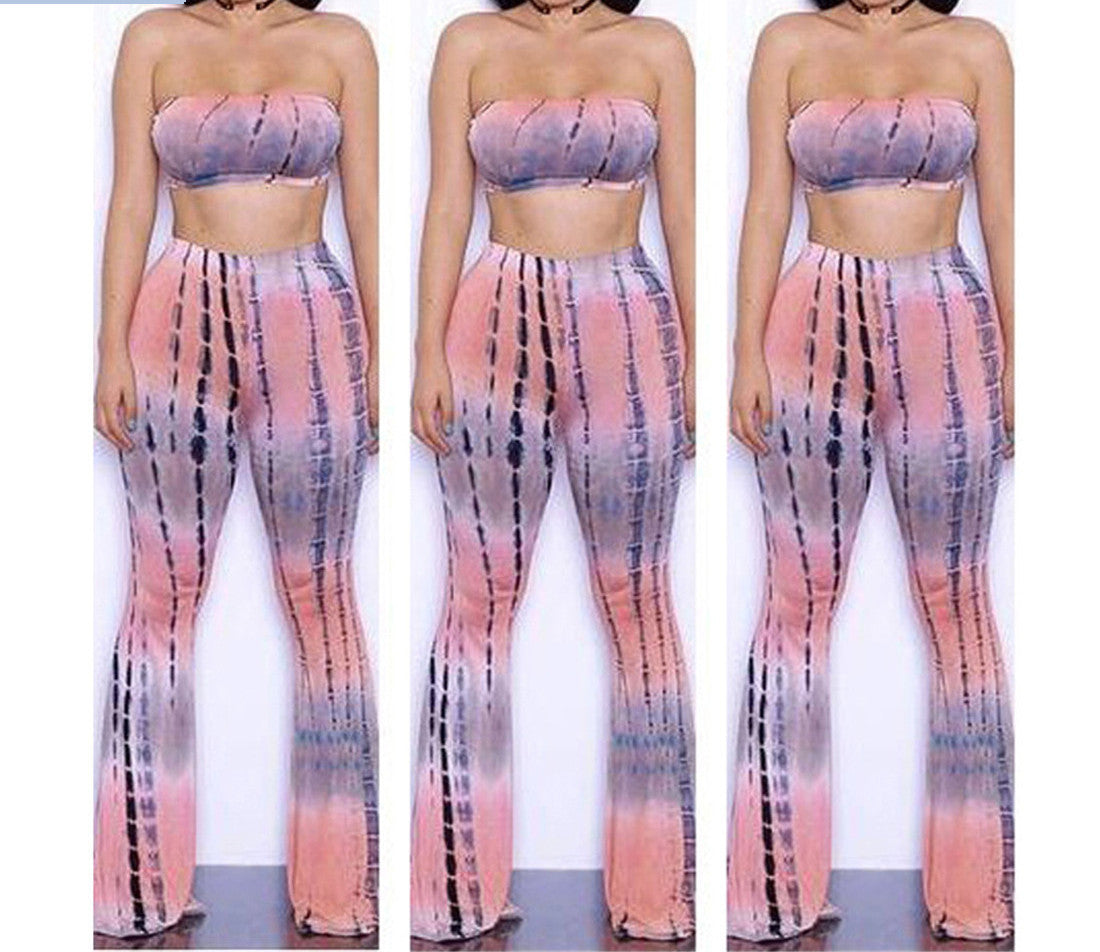 Tie Dye 2 Piece Set Women Jumpsuit Long Romper Strapless Crop Top And Flare Pants Casual Bodysuit Fashion Playsuit Overalls-Dollar Bargains Online Shopping Australia