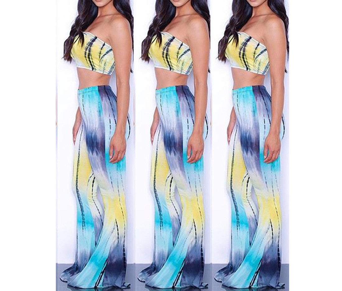 Tie Dye 2 Piece Set Women Jumpsuit Long Romper Strapless Crop Top And Flare Pants Casual Bodysuit Fashion Playsuit Overalls-Dollar Bargains Online Shopping Australia