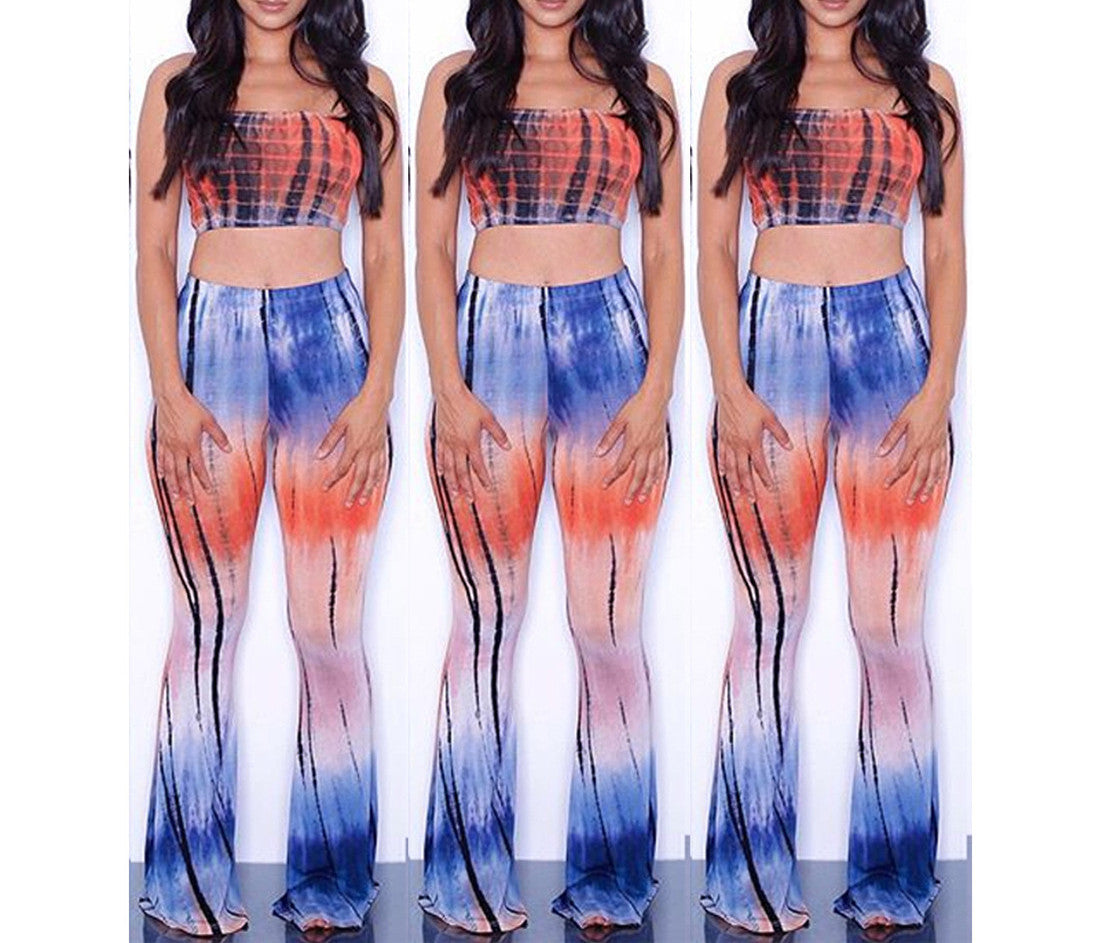 Tie Dye 2 Piece Set Women Jumpsuit Long Romper Strapless Crop Top And Flare Pants Casual Bodysuit Fashion Playsuit Overalls-Dollar Bargains Online Shopping Australia