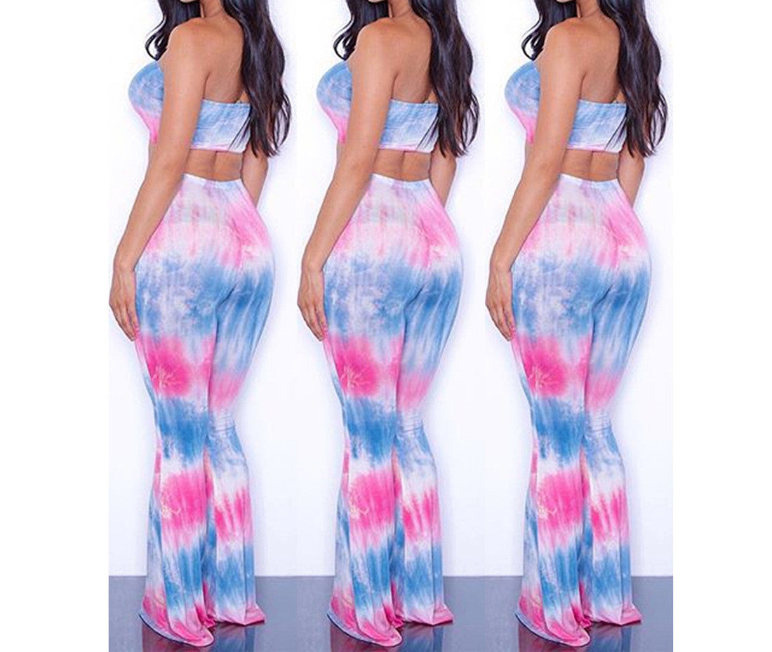 Tie Dye 2 Piece Set Women Jumpsuit Long Romper Strapless Crop Top And Flare Pants Casual Bodysuit Fashion Playsuit Overalls-Dollar Bargains Online Shopping Australia