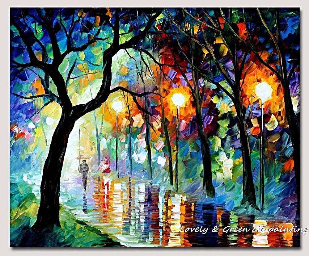 Large Handpainted Lover Rain Street Tree Lamp Landscape Oil Painting On Canvas Wall Art Wall Pictures For Living Room Home Decor Unframed-Dollar Bargains Online Shopping Australia
