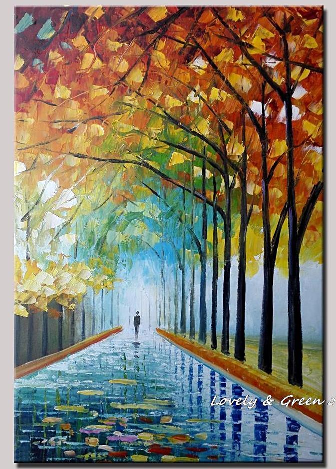 Large Handpainted Lover Rain Street Tree Lamp Landscape Oil Painting On Canvas Wall Art Wall Pictures For Living Room Home Decor Unframed-Dollar Bargains Online Shopping Australia
