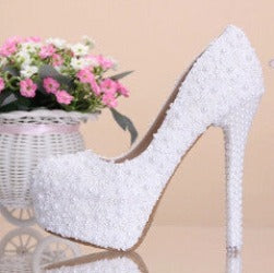 Women Fashion Sweet White Flower Lace Platform High Heels Pearls Wedding Shoes Bride Dress Shoes-Dollar Bargains Online Shopping Australia