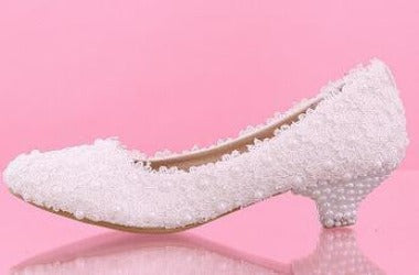 Women Fashion Sweet White Flower Lace Platform High Heels Pearls Wedding Shoes Bride Dress Shoes-Dollar Bargains Online Shopping Australia