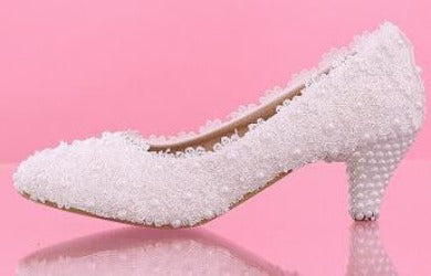 Women Fashion Sweet White Flower Lace Platform High Heels Pearls Wedding Shoes Bride Dress Shoes-Dollar Bargains Online Shopping Australia
