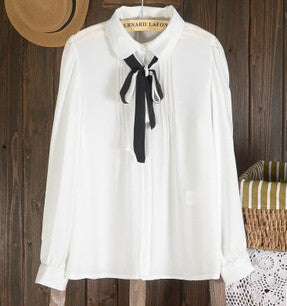fashion Womens european style long sleeve with black ribbon lady blouse shirt casual shirt chiffon blouse size S-XL-Dollar Bargains Online Shopping Australia