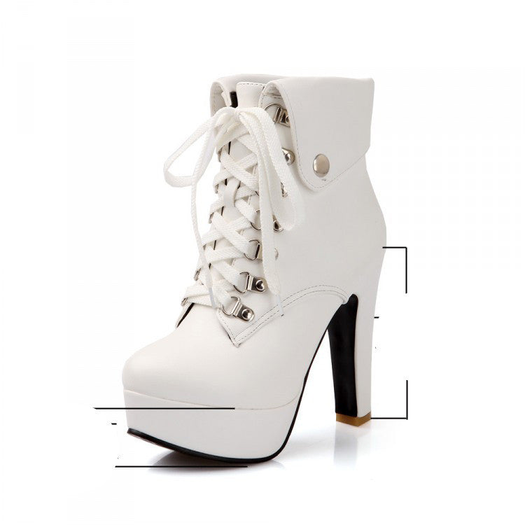 Women Faux Leather Ankle Boots Designer Fashion Platform Chunky High Heels Lace Up Short Booties Woman Autumn Winter Shoes - CelebritystyleFashion.com.au online clothing shop australia