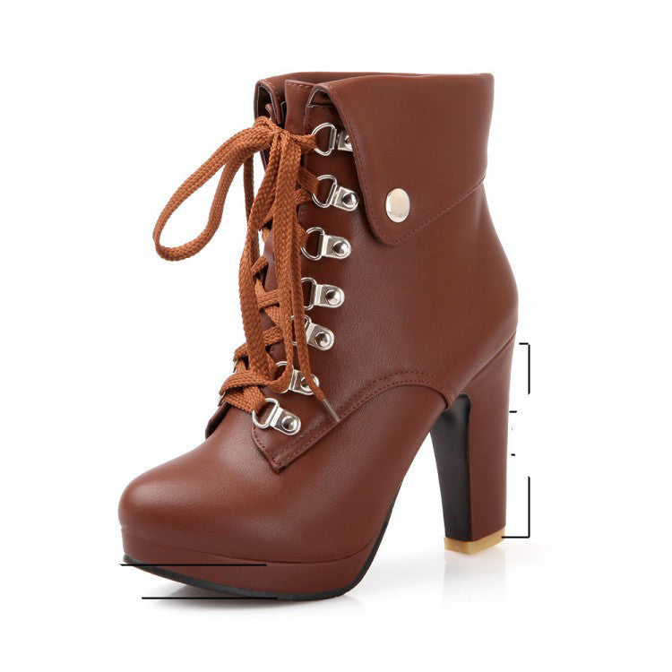 Women Faux Leather Ankle Boots Designer Fashion Platform Chunky High Heels Lace Up Short Booties Woman Autumn Winter Shoes - CelebritystyleFashion.com.au online clothing shop australia