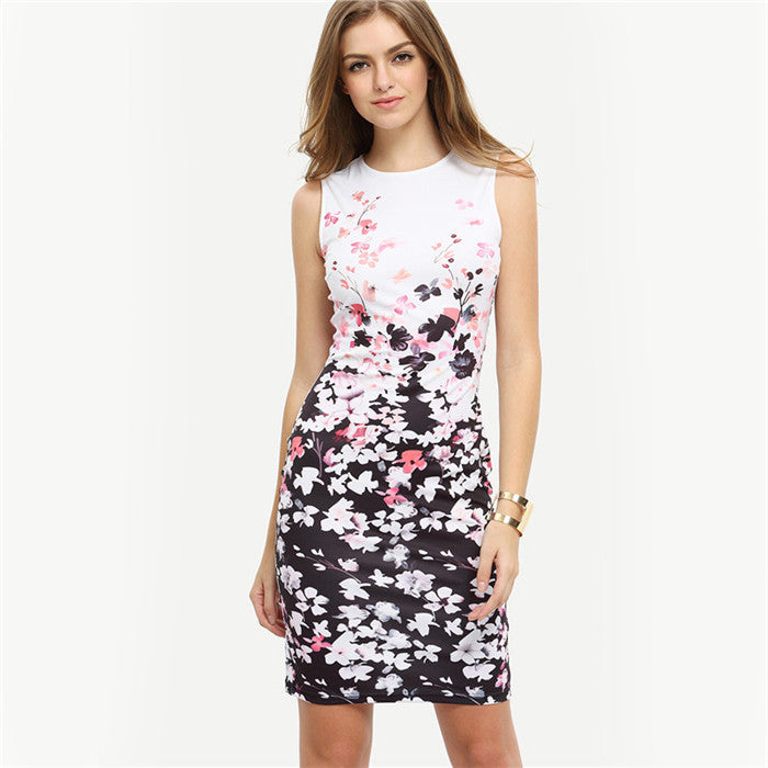 Summer Style Bodycon Dresses Vintage Ladies Sexy Fitness Floral Print Sleeveless Crew Neck Dress - CelebritystyleFashion.com.au online clothing shop australia