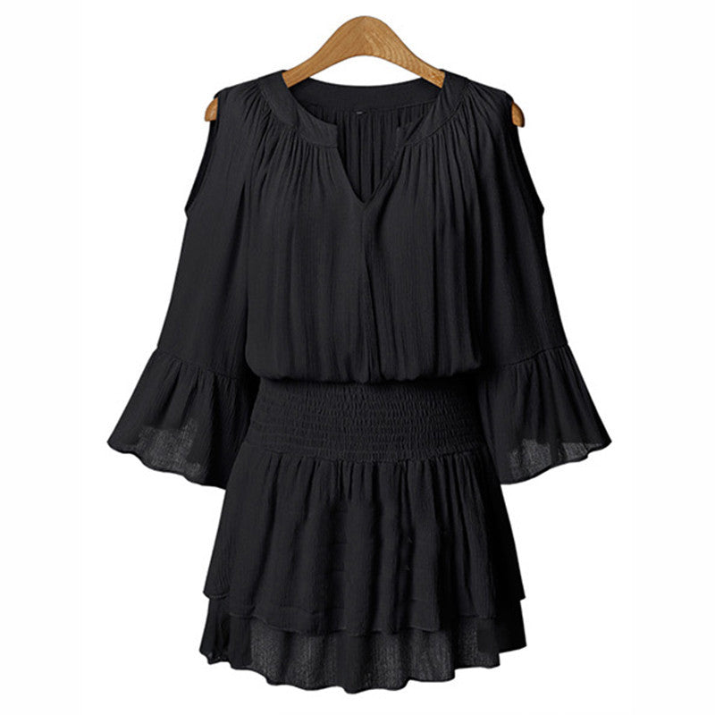 5XL Plus Size Women Dresses Summer Style Off Shoulder Lantern Sleeve Elast Slim Waist Pleated Short Mini Dress Black Nude-Dollar Bargains Online Shopping Australia