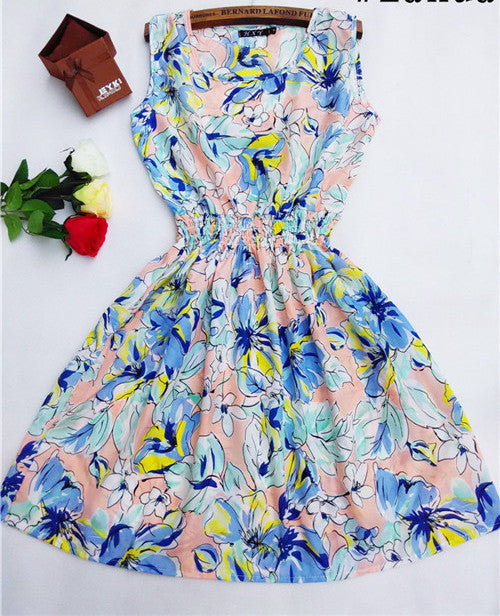 Women casual Bohemian floral leopard sleeveless vest printed beach chiffon dress nz17 - CelebritystyleFashion.com.au online clothing shop australia