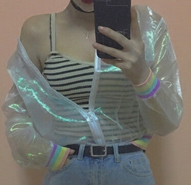 Teen Girls Yarn Cool Laser Symphony Sunscreen Sun Proof Bat Sleeve Jersey Jacket Clear iridescent transparent coat rainbow G831 - CelebritystyleFashion.com.au online clothing shop australia