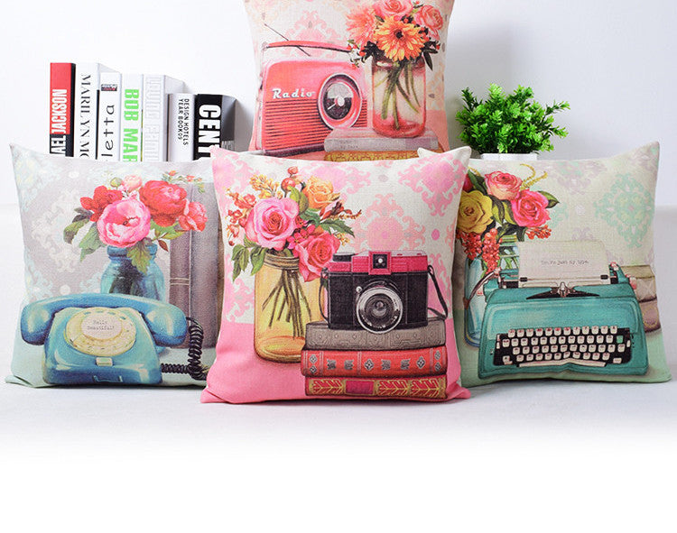 Vintage Phone Typewriter Radio Camera Flowers Home Decor cushion Linen cotton pillow sofa cushions decorative Throw Pillow-Dollar Bargains Online Shopping Australia