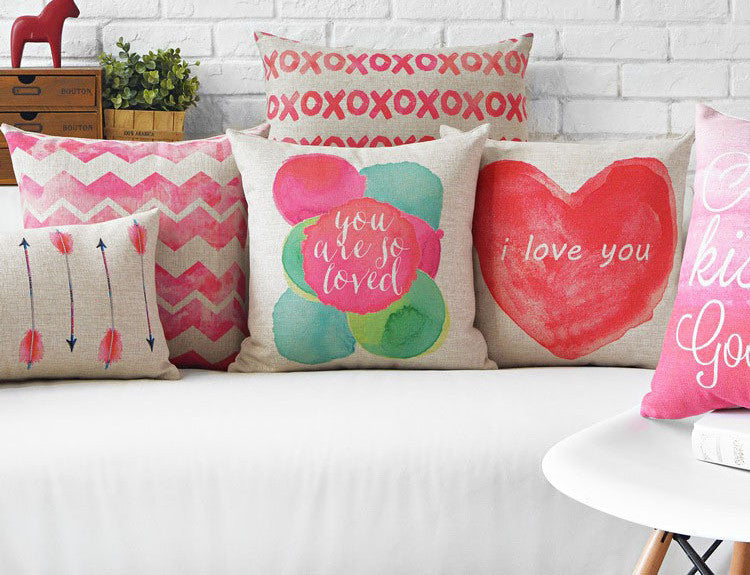 Creative watercolor Pink Love Pillow Red Cushion Couples gift Linen pillowcase sofa cushions home decorative Pillows-Dollar Bargains Online Shopping Australia