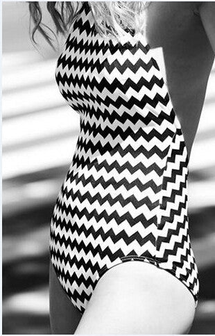 Sexy Black and White Striped Swimsuit Halter High Neck one Piece Backless Swimsuit Woman Swimwear Beachwear Polyester-Dollar Bargains Online Shopping Australia