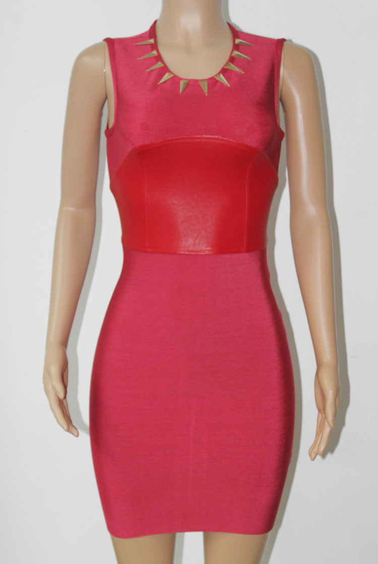 PU leather women bandage dress black wine patchwork sleeveless rivet tank elastic party night club lady clothing HL7894-Dollar Bargains Online Shopping Australia