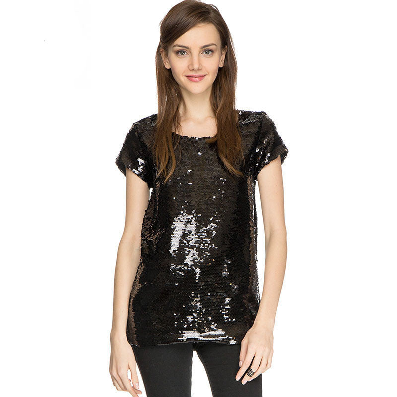 fashion girls black sequins tops slim O-neck t shirts for women solid short sleeve shining tees [HDYA894g]-Dollar Bargains Online Shopping Australia