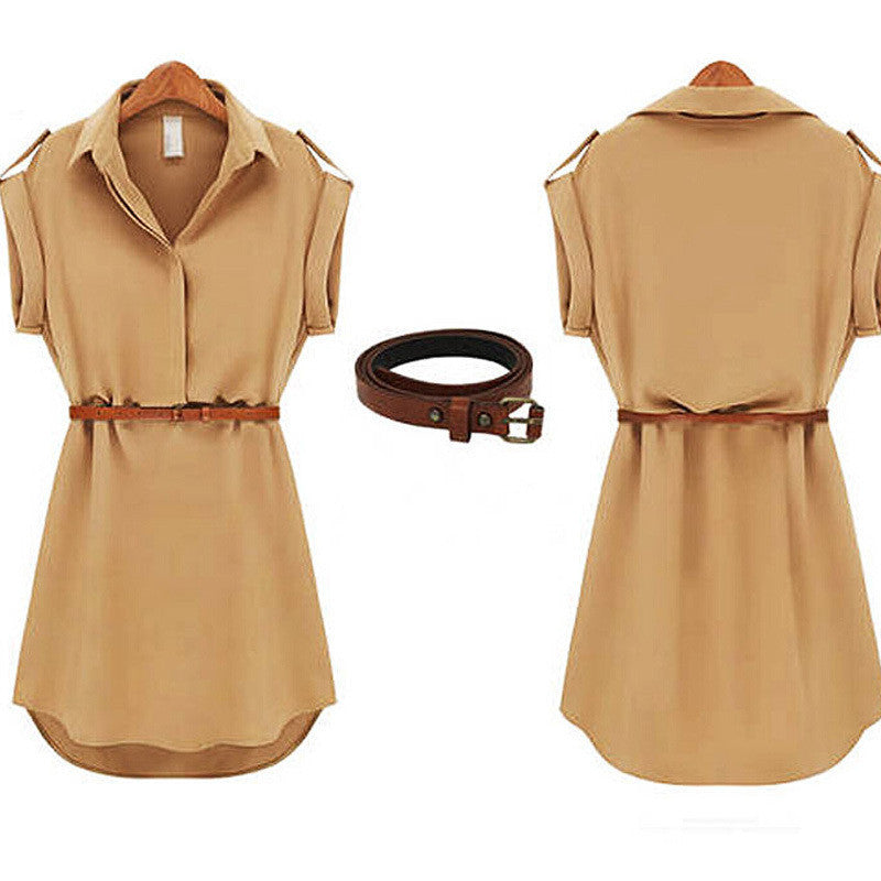 Womens dress summer Short A-Line solid Plus Size chiffon casual dresses with belt for Party Beach Office summer style - CelebritystyleFashion.com.au online clothing shop australia