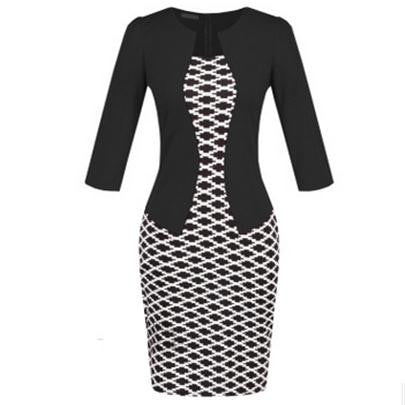 Women Fashion Autumn Spring Style Faux Two Piece Elegant Plaid Long Sleeve Pencil Dresses Office Wear Work Outfits S122 - CelebritystyleFashion.com.au online clothing shop australia