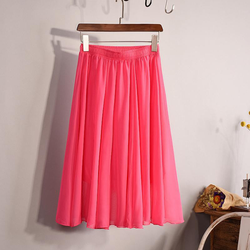 Fashion Women's Elegant 23 Color High Waist Chiffon Pleated Midi Skirt Ladies Casual Slim Beach Skater Skirts Saia SK17 - CelebritystyleFashion.com.au online clothing shop australia