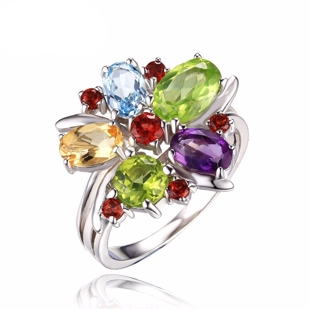 Flower Multicolor 3.1ct Natural Amethyst Garnet Peridot Citrine Blue Topaz Cocktail Ring 925 Sterling Silver Ring - CelebritystyleFashion.com.au online clothing shop australia