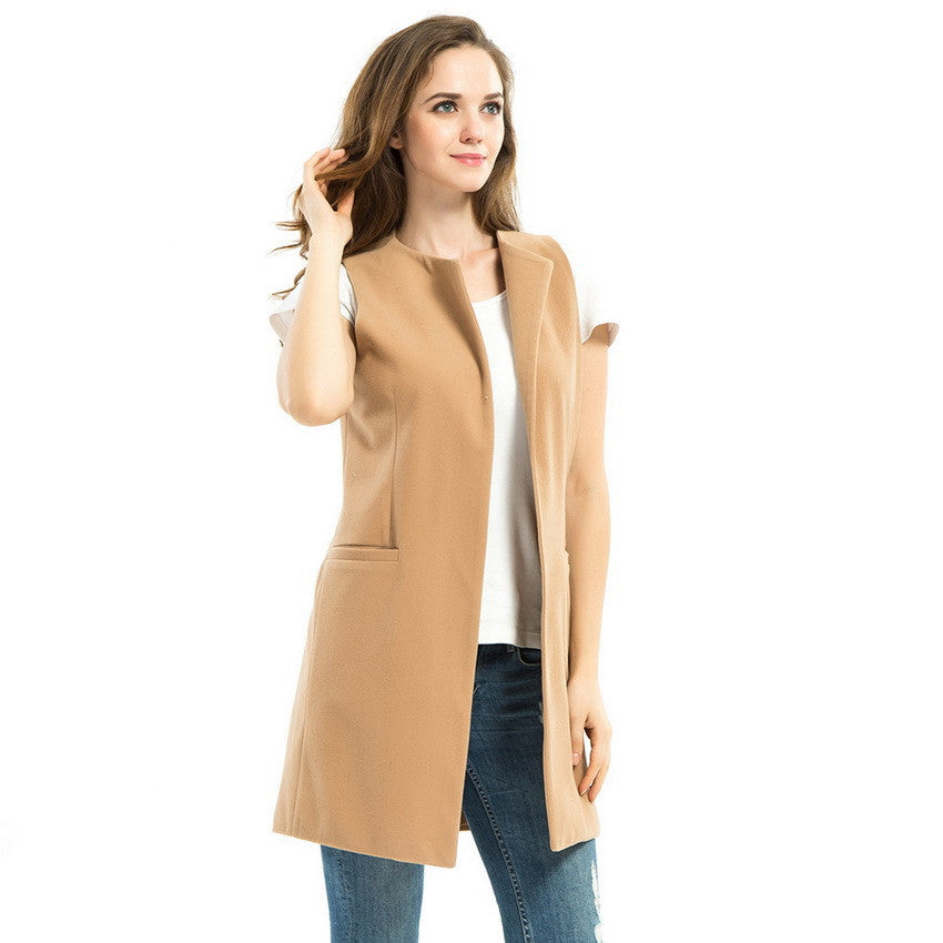 New Women Spring Wool Blend Vest Waistcoat Ladies Winter Long Camel Vest Sleeveless Jacket Coat Plus Size Veste Femme Gilet - CelebritystyleFashion.com.au online clothing shop australia