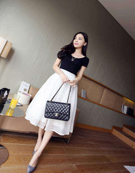 Women summer casual long skirt high waist pleated plaid skirts womens tutu skirt brand faldas white black - CelebritystyleFashion.com.au online clothing shop australia