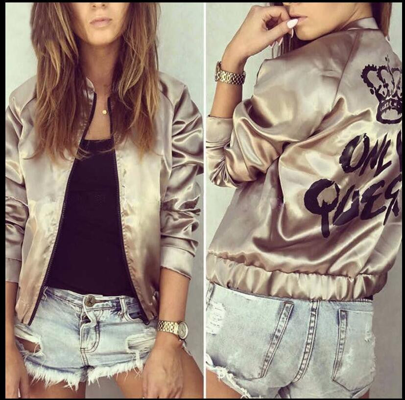 New Fashion Bomber Jacket Letter Print "Only Queen" Glossy Women Souvenir Jacket Coat Casual Baseball Jacket Women Basic Coats - CelebritystyleFashion.com.au online clothing shop australia