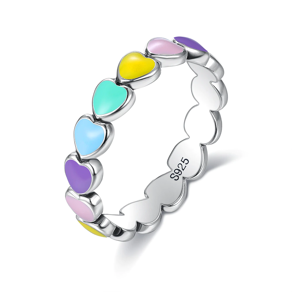 Authentic 925 Sterling Silver Stackable Rainbow Heart Finger Rings for Women Wedding Engagement Ring