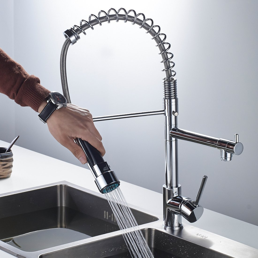 Chrome Finished Single Handle Double Spout Kitchen Faucet Deck Mounted Kitchen Vessel Sink Mixer Tap