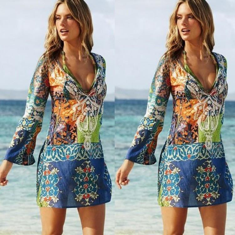 Vintage Printed Summer Beach Dress V-neck Long Sleeve Above Knee Women Chiffon Dress JUM3533