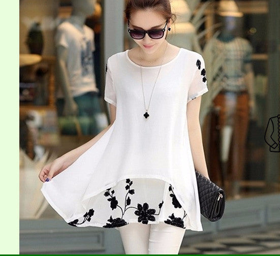 Plus Size 5XL Chiffon Blouse Women Clothing Loose Short Sleeve Embroidery Flower Print Patchwork Tops D53558