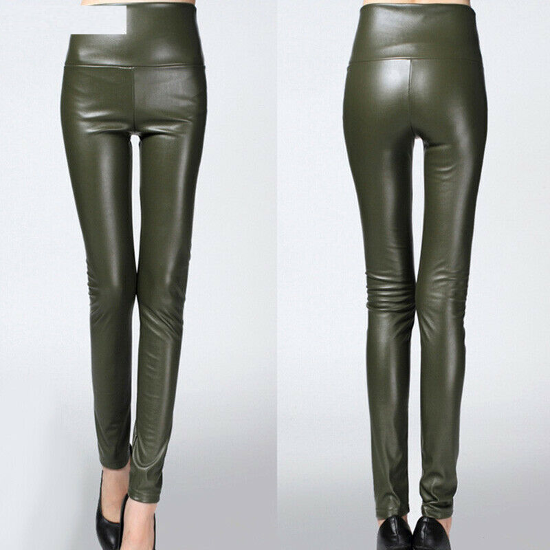 High PU Leather Pants Women Winter female high waist elastic pu leather fleece stretch Slim women pencil pants