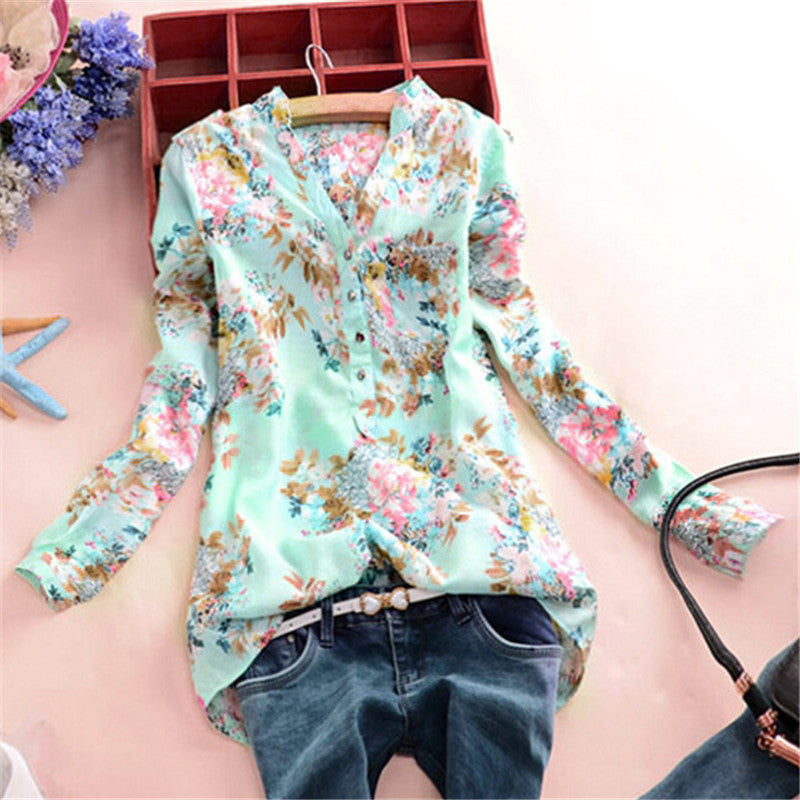 Print Floral Women V neck Long Sleeve Button Blouse Ladies Casual Loose Tops Shirts