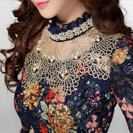 Women Floral Lace fashion casual girl blouse Diamond beaded lace shirt Female Tops women clothes 3115 25