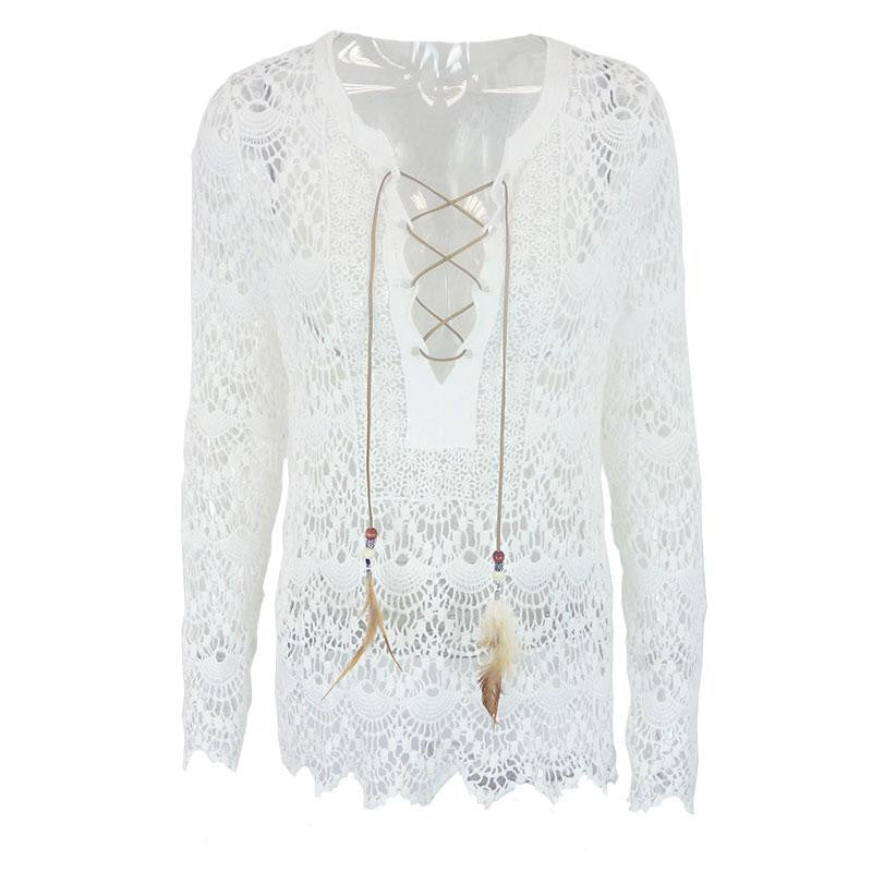 Online discount shop Australia - elegant white lace blouse shirt Women tops long sleeve vintage girls blouse Sexy v neck