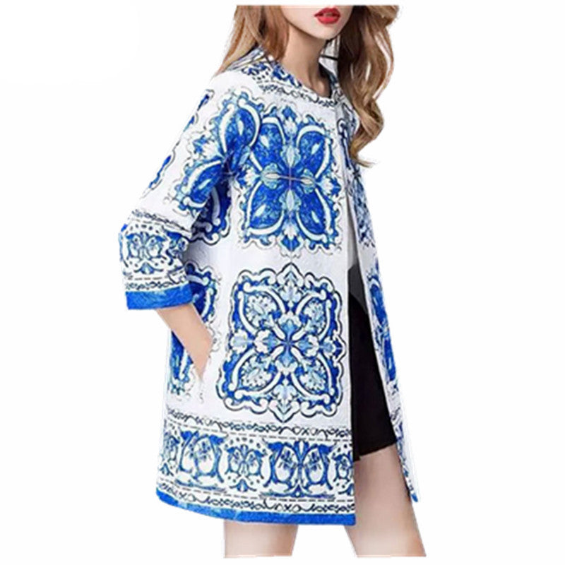 Online discount shop Australia - Blue And White Porcelain floral jacquard long jacket women coat