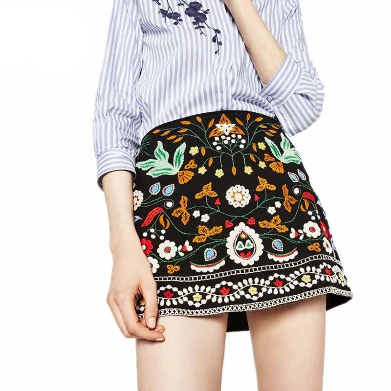 women's bohemian style A-line ethnic embroidery skirt black