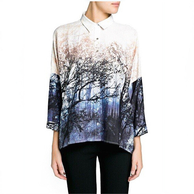 forest landscapes tree printed over-sized loose style women blouses shirts plus size batwing sleeve