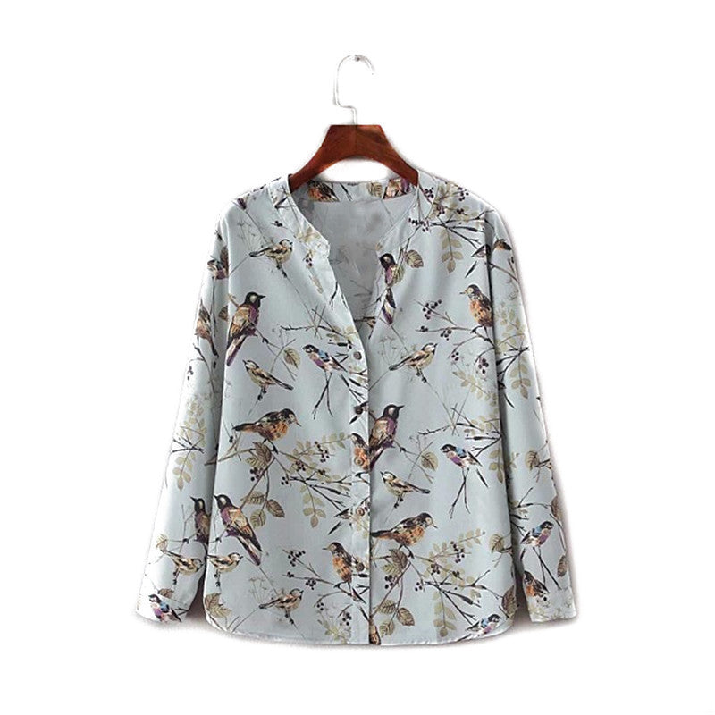 V-neck blue vintage floral birds print women blouse shirt long sleeve